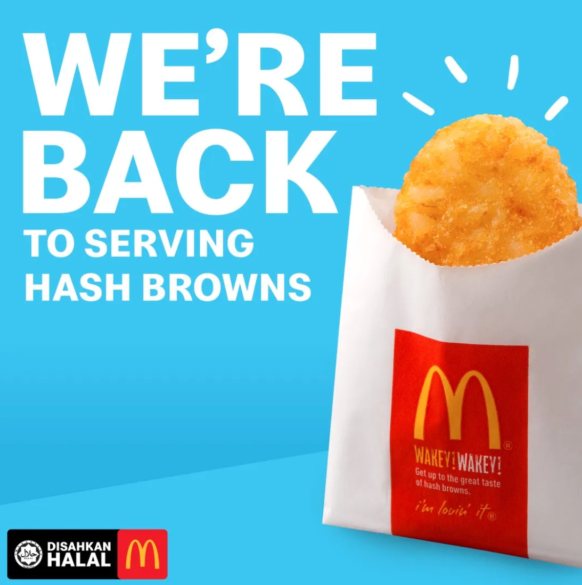 Hash Browns McD Kembali Selepas Alami Gangguan Bekalan Baru-Baru Ini